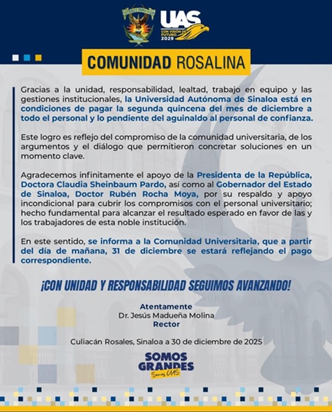 El rector de la UAS confirma el pago de aguinaldo y quincena para el personal de confianza