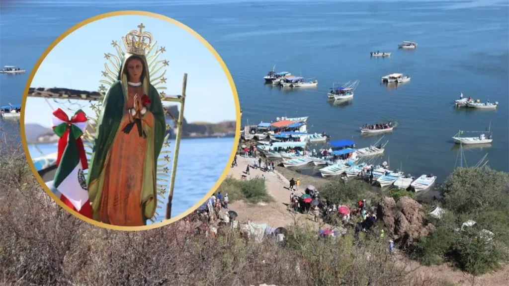 Los pescadores rinden homenaje a la Virgen de Guadalupe en Topolobampo, llevando su imagen en lanchas al cerro.
