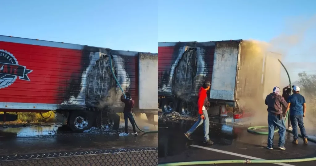 ¡Origen Puebla! Se incendia un tráiler de hortalizas en la México 15, cerca de Juan José Ríos.